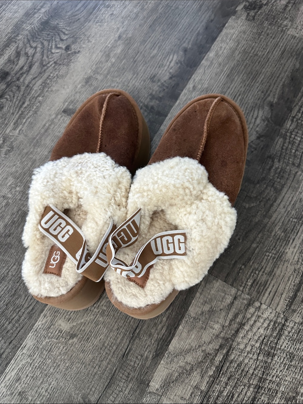 UGG Funkette Chestnut Suede Slip-On Shearling Mules